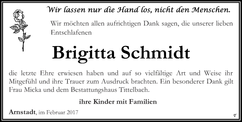  Traueranzeige für Brigitta Schmidt vom 21.02.2017 aus Thüringer Allgemeine