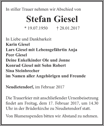 Traueranzeige von Stefan Giesel von Ostthüringer Zeitung, Thüringische Landeszeitung