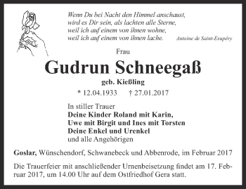 Traueranzeige von Grudrun Schneegaß von Ostthüringer Zeitung