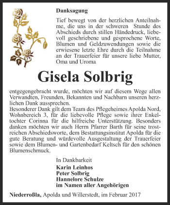 Traueranzeige von Gisela Solbrig von Thüringer Allgemeine, Thüringische Landeszeitung