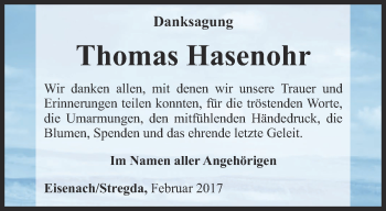 Traueranzeige von Thomas Hasenohr von Thüringer Allgemeine, Thüringische Landeszeitung