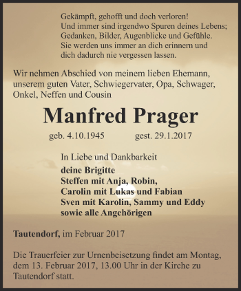 Traueranzeige von Manfred Prager von Ostthüringer Zeitung