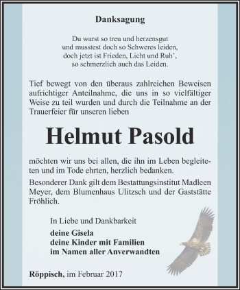 Traueranzeige von Helmut Pasold von Ostthüringer Zeitung