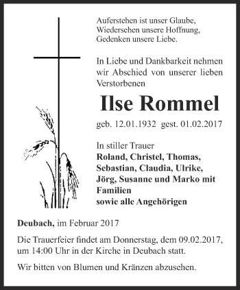 Traueranzeige von Ilse Rommel von Thüringer Allgemeine, Thüringische Landeszeitung