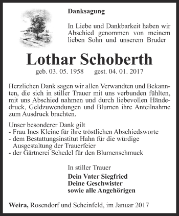 Traueranzeige von Lothar Schoberth von Ostthüringer Zeitung