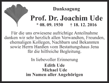 Traueranzeige von Joachim Ude von Ostthüringer Zeitung, Thüringische Landeszeitung