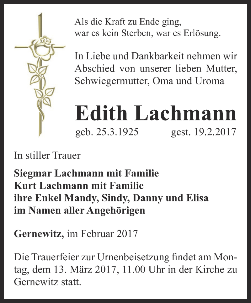  Traueranzeige für Edith Lachmann vom 25.02.2017 aus Ostthüringer Zeitung