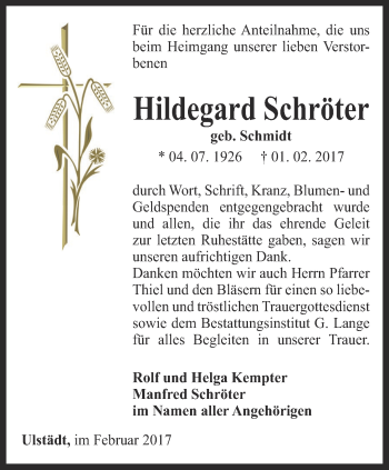 Traueranzeige von Hildegard Schröter von Ostthüringer Zeitung