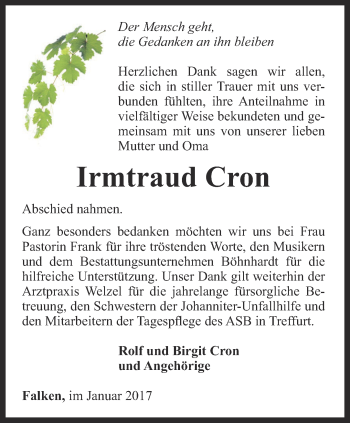 Traueranzeige von Irmtraud Cron von Thüringer Allgemeine, Thüringische Landeszeitung