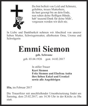 Traueranzeige von Emmi Siemon von Thüringer Allgemeine, Thüringische Landeszeitung