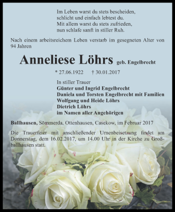 Traueranzeige von Anneliese Löhrs von Thüringer Allgemeine, Thüringische Landeszeitung