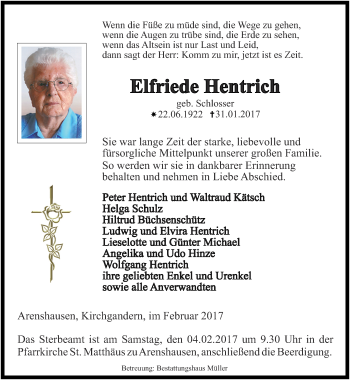 Traueranzeige von Elfriede Hentrich von Thüringer Allgemeine