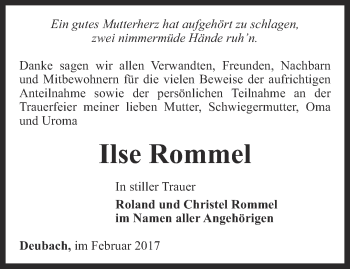 Traueranzeige von Ilse Rommel von Thüringer Allgemeine, Thüringische Landeszeitung