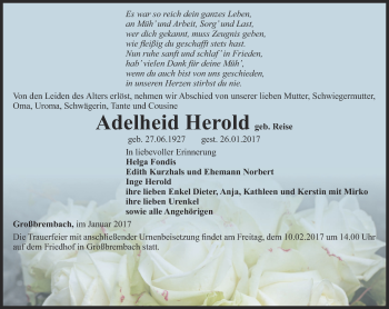 Traueranzeige von Adelheid Herold von Thüringer Allgemeine