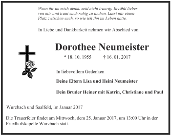 Traueranzeige von Dorothee Neumeister von Ostthüringer Zeitung
