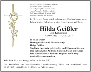 Traueranzeige von Hilda Geißler von Ostthüringer Zeitung