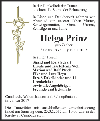 Traueranzeige von Helga Prinz von Ostthüringer Zeitung, Thüringische Landeszeitung