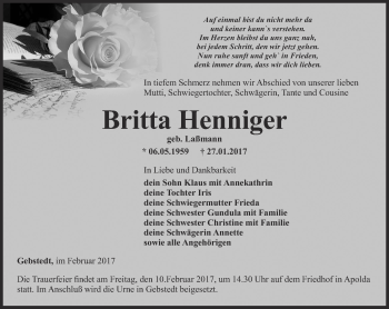 Traueranzeige von Britta Henniger von Thüringer Allgemeine, Thüringische Landeszeitung