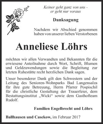 Traueranzeige von Anneliese Löhrs von Thüringer Allgemeine, Thüringische Landeszeitung