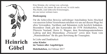 Traueranzeige von Heinrich Göbel von Thüringer Allgemeine