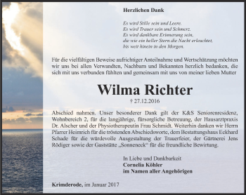 Traueranzeige von Wilma Richter von Thüringer Allgemeine