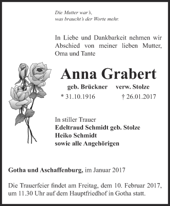 Traueranzeige von Anna Grabert von Ostthüringer Zeitung, Thüringische Landeszeitung