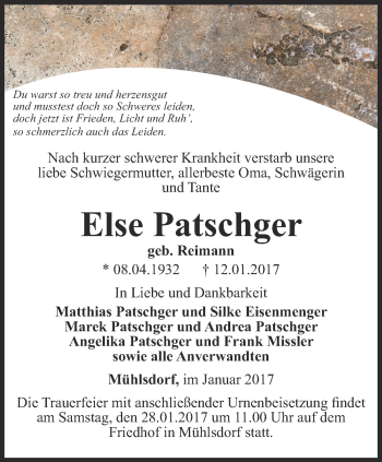 Traueranzeige von Else Patschger von Ostthüringer Zeitung