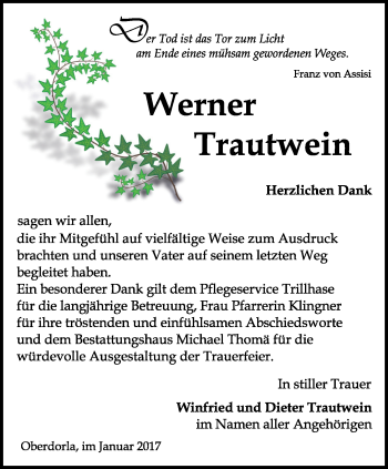 Traueranzeige von Werner Trautwein von Thüringer Allgemeine, Thüringische Landeszeitung