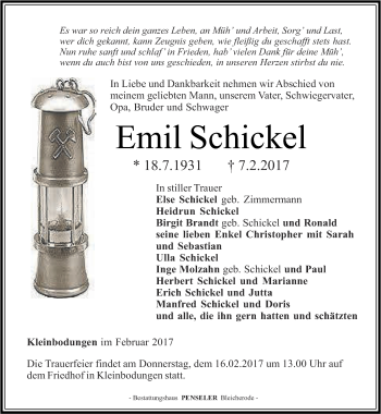 Traueranzeige von Emil Schickel von Thüringer Allgemeine