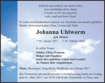 Traueranzeige von Johanna Uhlworm von Thüringer Allgemeine