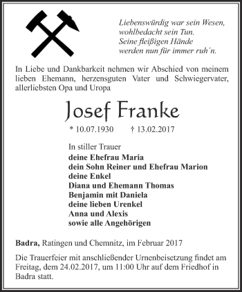 Traueranzeige von Josef Franke von Thüringer Allgemeine