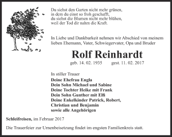 Traueranzeige von Rolf Reinhardt von Ostthüringer Zeitung