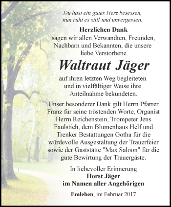 Traueranzeige von Waltraut Jäger von Ostthüringer Zeitung, Thüringische Landeszeitung