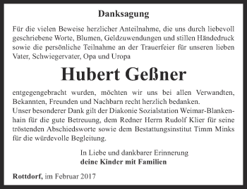 Traueranzeige von Hubert Geßner von Thüringer Allgemeine, Thüringische Landeszeitung