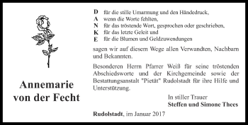 Traueranzeige von Annemarie von der Fecht von Ostthüringer Zeitung