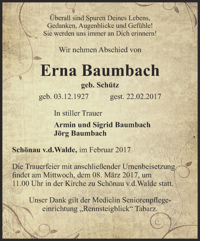  Traueranzeige für Erna Baumbach vom 28.02.2017 aus Ostthüringer Zeitung, Thüringische Landeszeitung