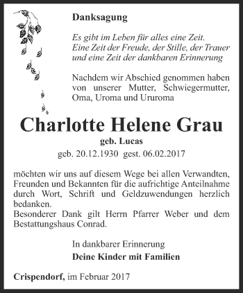 Traueranzeige von Charlotte Helene Grau von Ostthüringer Zeitung