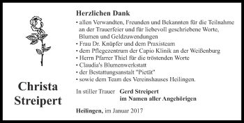 Traueranzeige von Christa Streipert von Ostthüringer Zeitung
