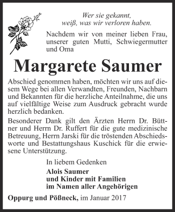 Traueranzeige von Margarete Saumer von Ostthüringer Zeitung