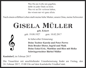 Traueranzeige von Gisela Müller von Ostthüringer Zeitung