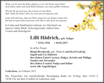 Traueranzeige von Lilli Hädrich von Ostthüringer Zeitung