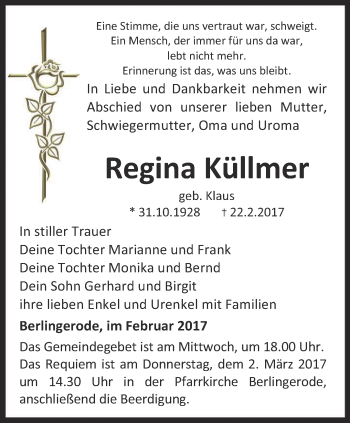 Traueranzeige von Regina Küllmer von Thüringer Allgemeine
