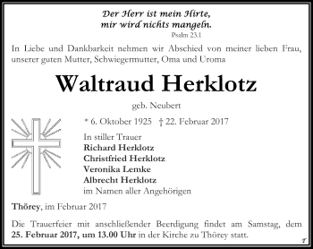 Traueranzeige von Waltraud Herklotz von Thüringer Allgemeine