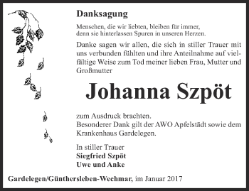 Traueranzeige von Johanna  Szpöt von Ostthüringer Zeitung, Thüringische Landeszeitung