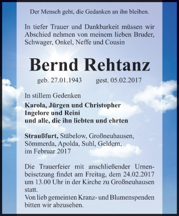 Traueranzeige von Bernd Rehtanz von Thüringer Allgemeine