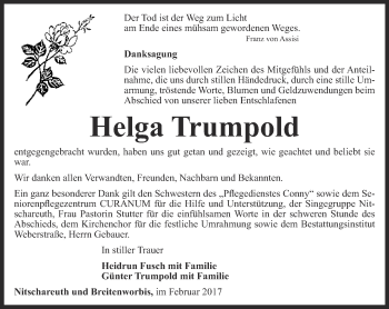 Traueranzeige von Helga Trumpold von Ostthüringer Zeitung