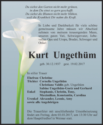 Traueranzeige von Kurt Ungethüm von Thüringer Allgemeine, Thüringische Landeszeitung