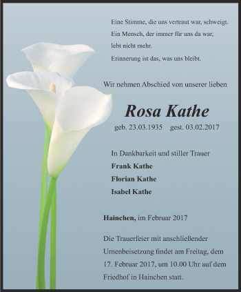 Traueranzeige von Rosa Kathe von Ostthüringer Zeitung