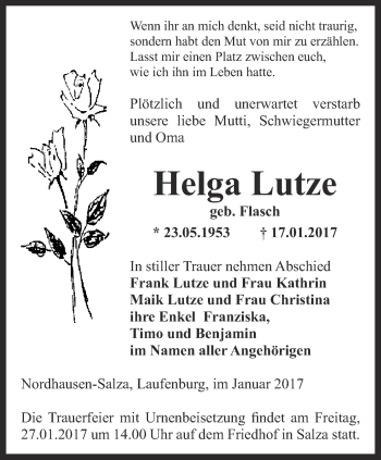 Traueranzeige von Helga Lutze von Thüringer Allgemeine