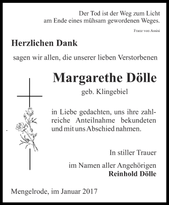 Traueranzeige von Margarethe Dölle von Thüringer Allgemeine